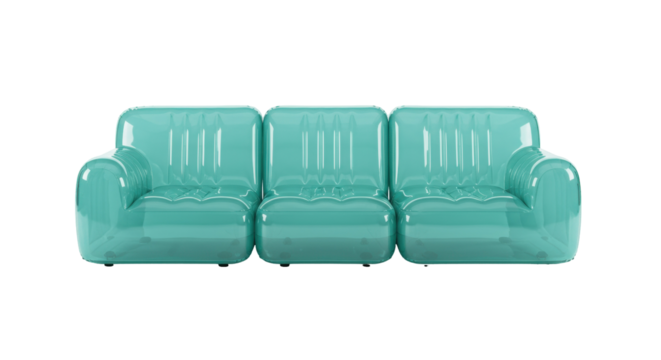 Inflatable turquoise sofa isolated on transparent background, modern blow up couch for summer fun and relaxation PNG - Powered by Adobe