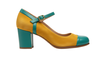 Stylish yellow and teal Mary Jane shoe isolated, retro block heel footwear for women s fashion and vintage style