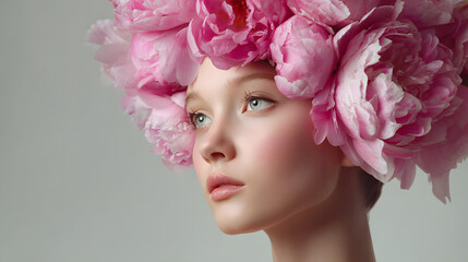 Fototapeta premium Young woman with peonies in her hair