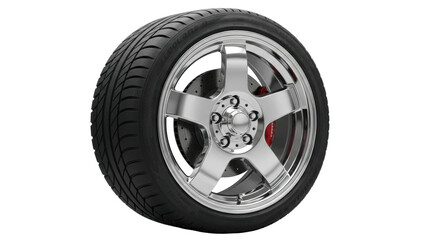 Obraz premium Car tire with chrome rim isolated on transparent background, automotive part for vehicle maintenance and performance PNG