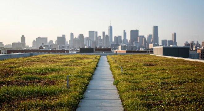 Rooftop pathway leading to urban skyline with green grass and sunlight
