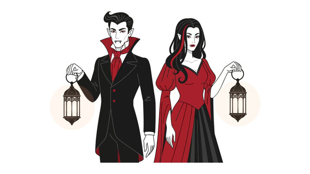 Nocturnal Whispers: An illustration depicts a vampire couple, clad in classic attire, illuminated by lanterns. They stand united in their enigmatic world. 