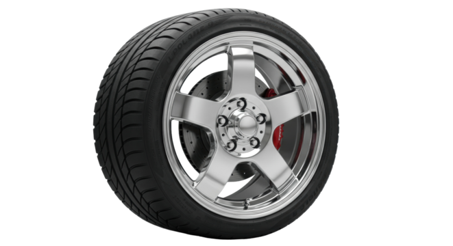 Car tire with chrome rim isolated on transparent background, automotive part for vehicle maintenance and performance PNG