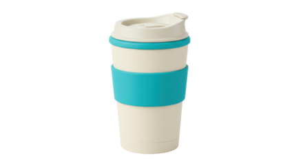 Beige reusable coffee cup with turquoise band isolated on white, eco-friendly travel mug for hot drinks