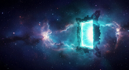 Embark on a cosmic journey through a vibrant portal to another dimension, surrounded by stunning nebula clouds and distant starlight, ideal for sci-fi or galactic concepts.