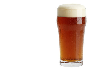 Refreshing amber ale in a tall glass isolated, cold beer with foam head and condensation, alcoholic beverage for pubs and restaurants