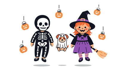 Halloween Costume Party: Whimsical illustration of a playful gathering with children dressed in their best costumes ready for a night of trick-or-treating and spooky fun!