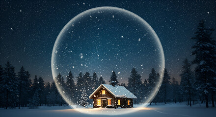 Cozy snow globe scene showing a Lapki house beneath starry skies and snowfall