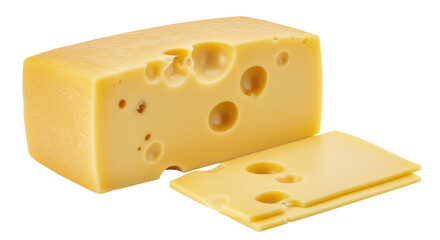 Swiss cheese block and slices isolated, yellow dairy product with holes for sandwiches and cooking, no background
