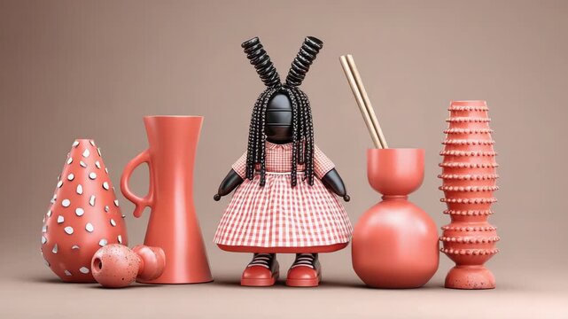 Doll art still life featuring stylized figure with coral color vases. Doll art showcasing whimsical character in gingham dress surrounded by ceramic vessels, evoking playful elegance.
