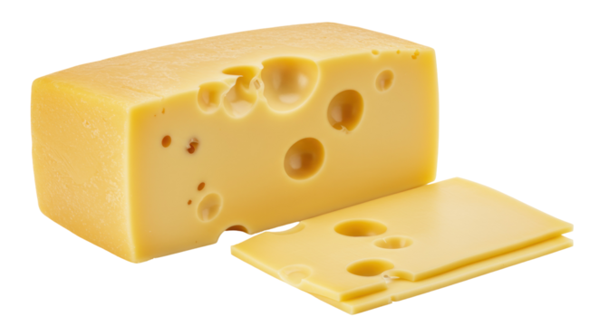 Swiss cheese block and slices isolated, yellow dairy product with holes for sandwiches and cooking, no background