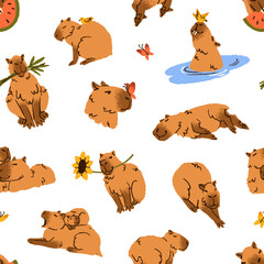 Repeatable pattern of cute capibaras. Endless background of funny capybaras with baby relaxes in water, swimming in pond. Happy animals are sitting, lying, have fun. Flat seamless vector illustration.