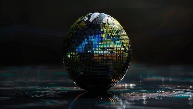 A digital rendering of an egg-shaped globe, pixelated and reflective, sits on a dark, reflective surface against a black background. Subtle lighting highlights its texture - Powered by Adobe