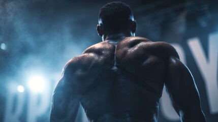 Motivational Athlete Flexing Muscles in Spotlight Exuding Strength and Determination in Dynamic Stage Environment