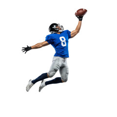 Obraz na płótnie Canvas Dynamic football athlete soaring through air in action wearing blue uniform and helmet