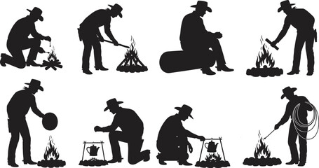 Cowboy campfire silhouette, western outdoor scene, black and white vector, rustic camping illustration, fire tending pose, survival skill artwork, stock design concept