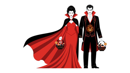 Vampire Couple: A stylized illustration of a captivating vampire couple, embracing the eerie essence of Halloween, with a rich color palette and a spooky charm.