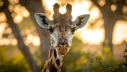 Close-up portrait of a giraffe at sunset