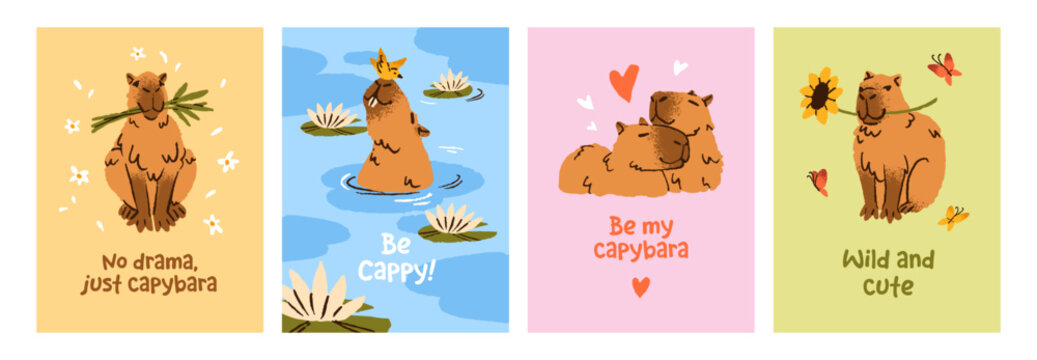 Designs of postcards with cute capibara set. Templates of Birthday or Valentine greeting cards with funny capybaras. Animals are swimming in water, relax together, cuddle. Flat vector illustrations.