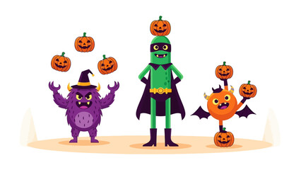 Spooky Halloween Characters: Adorable monsters and creatures gather together, featuring a superhero with pumpkin. conveying the spirit of Halloween.