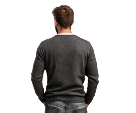 Rear view of a man wearing a textured grey sweater and blue jeans, standing with hands in pockets, isolated on transparent background
