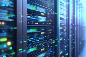 Modern IT data center server rack with illuminated LED panels, advanced computing hardware, cloud storage and AI systems for enterprise infrastructure and digital business use