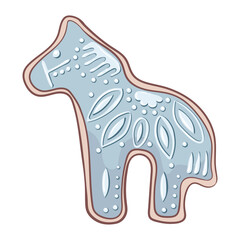 Homemade winter sweets. A cookie horse with a blue folk motif. Christmas ginger figurines featuring the symbol of the year. For banners, stickers, cards and scrapbook.