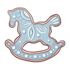 Homemade winter sweets. A cookie horse with a blue folk motif. Christmas ginger figurines featuring the symbol of the year. For banners, stickers, cards and scrapbook.