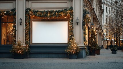 Empty advertising signboard mockup on Christmas decorated storefront with garlands