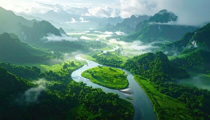 Lush green mountains and valleys are showcased, where a winding river flows gracefully through the landscape, reflecting a calming, serene atmosphere.