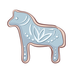 Homemade winter sweets. A cookie horse with a blue folk motif. Christmas ginger figurines featuring the symbol of the year. For banners, stickers, cards and scrapbook.
