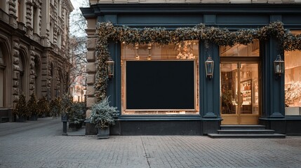 Empty advertising signboard mockup on Christmas decorated storefront with garlands