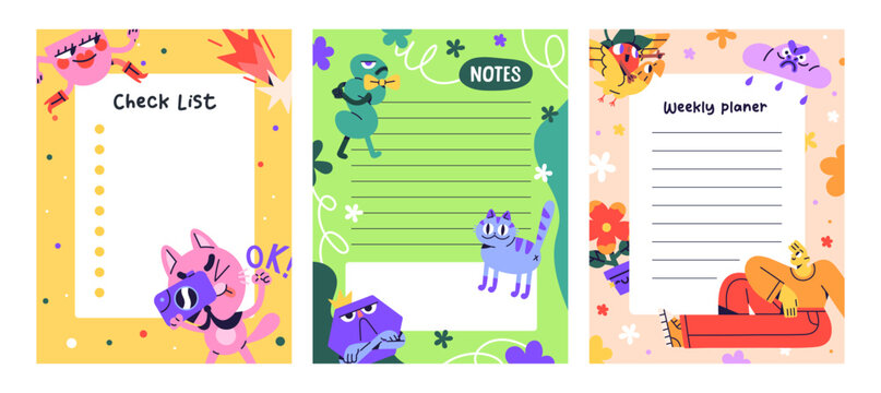 Set of to do list designs. Cute templates of sheets for planner with abstract characters. Funny paper for todo, notes, tasks. Colourful layouts of checklist with doodles. Flat vector illustrations