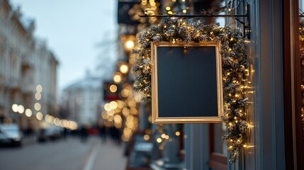 Empty advertising signboard mockup on Christmas decorated storefront with garlands
