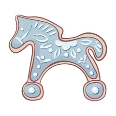 Homemade winter sweets. A cookie horse with a blue folk motif. Christmas ginger figurines featuring the symbol of the year. For banners, stickers, cards and scrapbook.