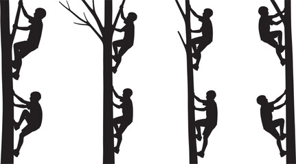 Tree climbing silhouette, human figures on trees, vertical trunk vector, artistic nature pose, outdoor effort concept, black graphic illustration, stock design