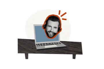 Composite photo collage of happy man dispatcher call center worker video call wear headphones mic...