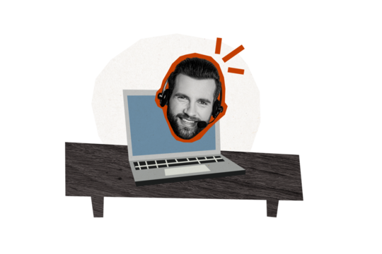 Composite photo collage of happy man dispatcher call center worker video call wear headphones mic laptop isolated on painted background