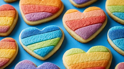 A collection of beautifully decorated rainbow heart-shaped cookies sits on a vibrant blue surface, perfect for a festive gathering or celebration