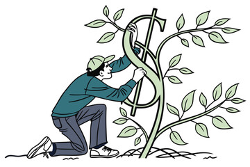 Simple minimalist line art icon representing financial growth, investment, and savings. The design features stacked coins with a sprouting plant and dollar sign, symbolizing wealth, profit, sustainabl