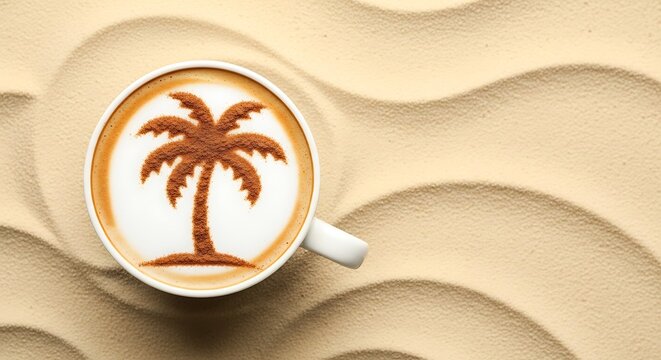 A cup of latte art with a tropical palm tree design sits on a textured surface of light beige sand.