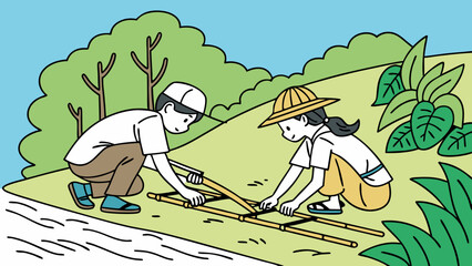 Obraz premium Two children building a raft on a riverbank with bamboo and rope.