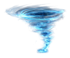 A swirling vortex of blue energy, resembling a tornado or hurricane, isolated on a transparent background, representing power, force, and natural phenomena