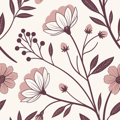 Floral Flourish: A delicate dance of petals and stems unfurls in a seamless floral pattern, perfect for adorning surfaces and projects with its elegant charm. 