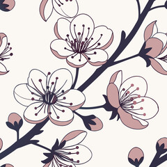 Cherry Blossom Artistry: A digitally crafted seamless pattern of cherry blossoms bloom on a branch, exuding the delicate charm of floral elegance.