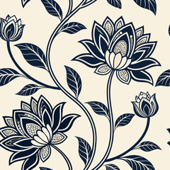 Floral Elegance Pattern: Intricate floral pattern design in navy and cream, exuding a sense of sophistication, creating a harmonious balance of organic forms and refined aesthetics.