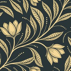 Floral Elegance: a captivating seamless pattern displaying a harmonious arrangement of delicate flowers and elegant leaves, creating a sense of timeless beauty.