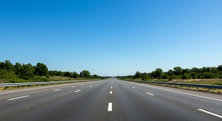 Fototapeta premium Larga carretera vacía se extiende hacia el horizonte con luz natural radiante. Perspectiva abierta inspira un viaje libre.