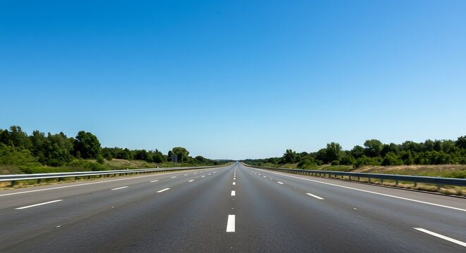 Larga carretera vac&iacute;a se extiende hacia el horizonte con luz natural radiante. Perspectiva abierta inspira un viaje libre.