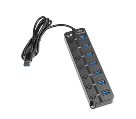A USB 3.0 7-port hub with power buttons on a white background supports high-speed data. Its efficient design enhances tech device performance.